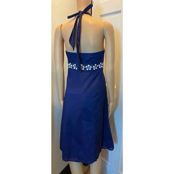 Ann Taylor Loft Cottagecore Beaded Halter Dress 100% Cotton Blue White 2 - Picture 2 of 9